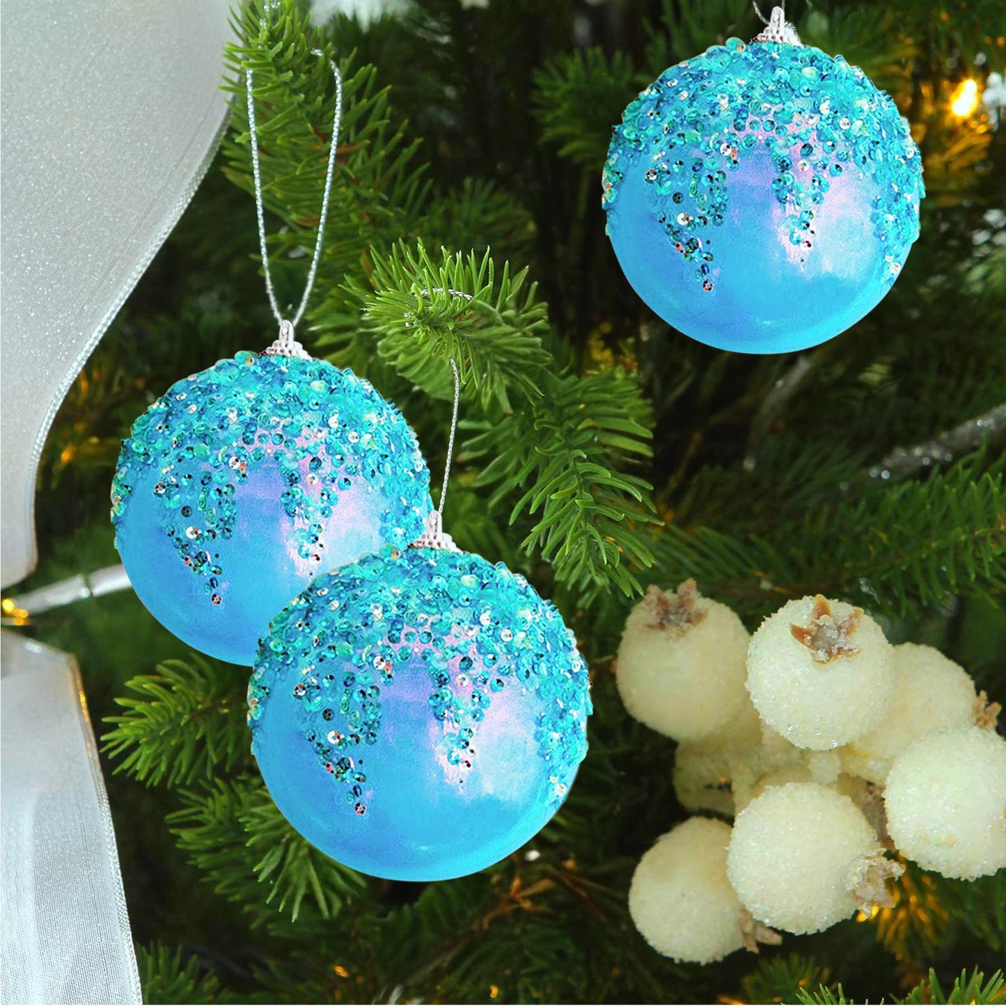 ZHANYIGY 4Pcs Christmas Balls Ornaments -Shatterproof Christmas Ball for Xmas Tree Decorations Hanging,Wedding Party Holiday Decorations Fantasy Blue Glitter Ball 4in x 4 Pack