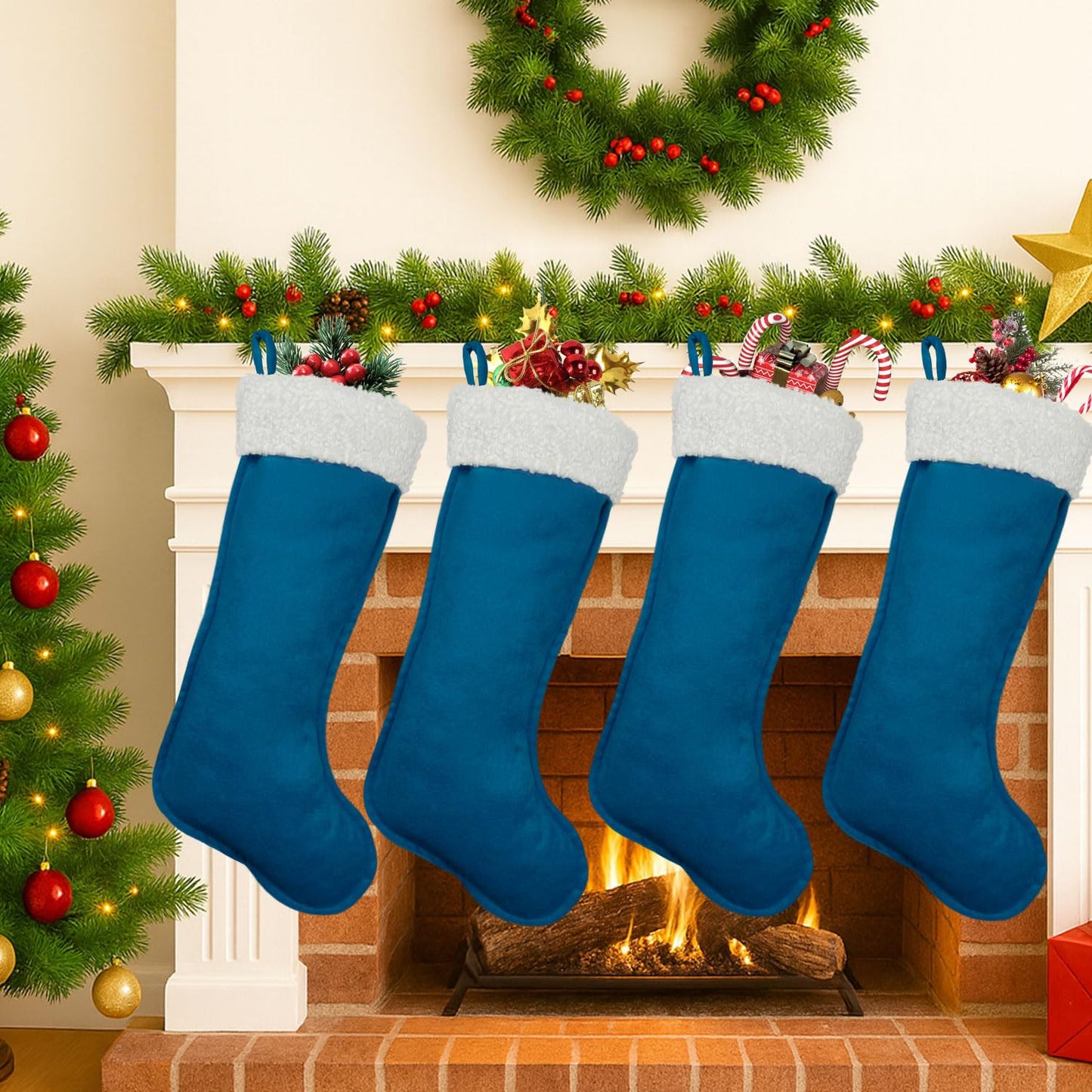 LinaGarten Traditional Christmas Stockings for Family Holiday Decorations and Xmas Tree Fireplace (6, Navy Blue-Grain-Large)