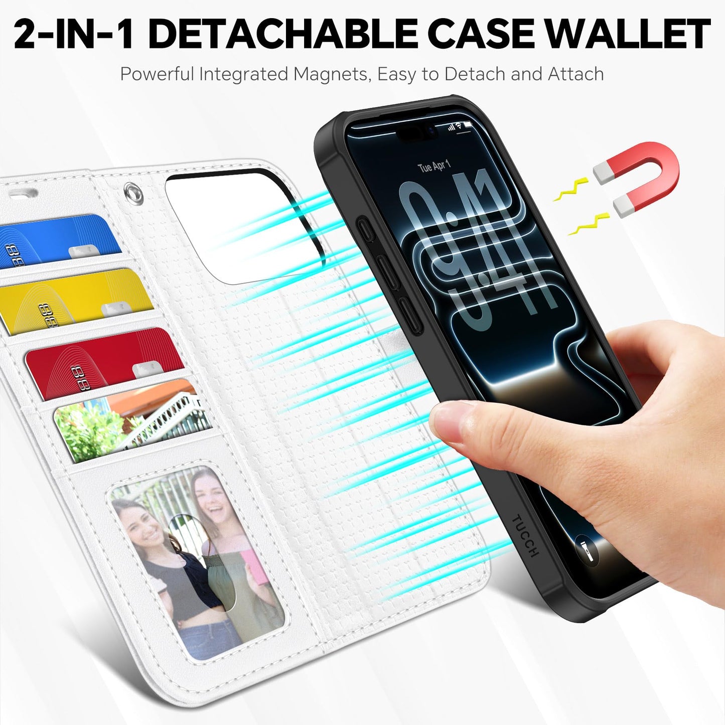 TUCCH 2-in-1 Detachable Wallet Case for iPhone 17 Pro Max (6.9") 2025, Wireless Charging | RFID Blocking 4 Card Holder | Wrist Strap | Kickstand | Magnetic | PU Leather | Protective Flip Cover | White