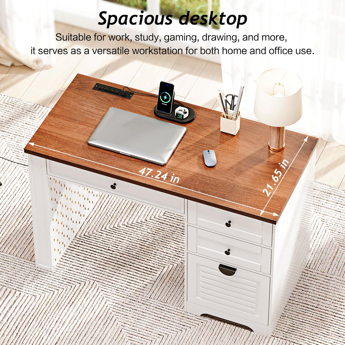 Ieejdn 47" Home Office Desks, Executive Desk, Farmhouse Computer Desk with Drawers and Charging Station, File Drawer, Storage Cabinet, Rustic Computer Writing Desk,Antique White