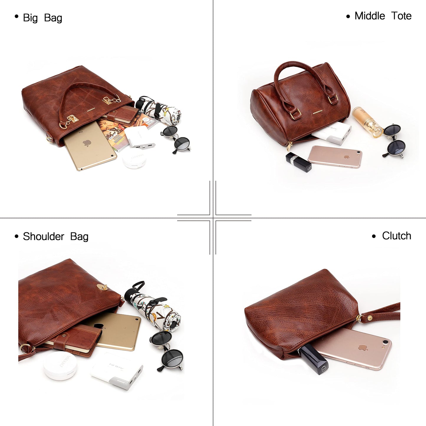 2E-youth Women Designer Purses And Handbags Set Satchel Shoulder Bags Tote Bags 6pcs Wallets (brown)