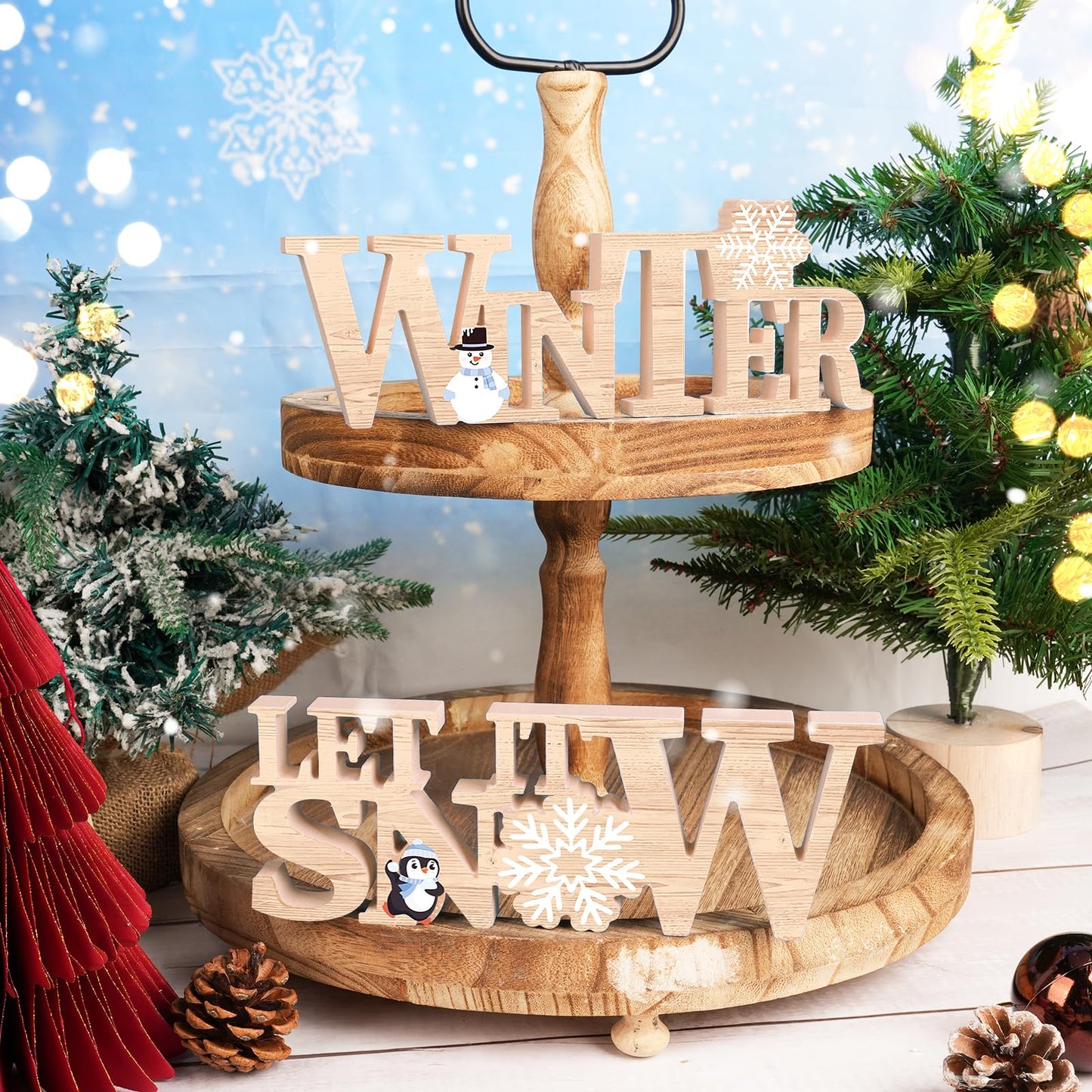 COCHIE Wooden Winter Let It Snow Sign, Snowflake Winter Decorations for Home, Office, Shelf, Mantel, Indoor, Blue White Wood Table Top Party Decor (Brown)