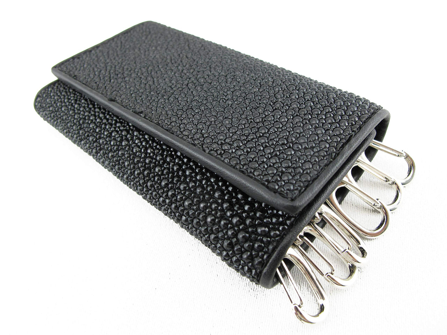 Pelgio Genuine Stingray Skin LeatherKeychain Key Holder Trifold Wallet Black (All Black)