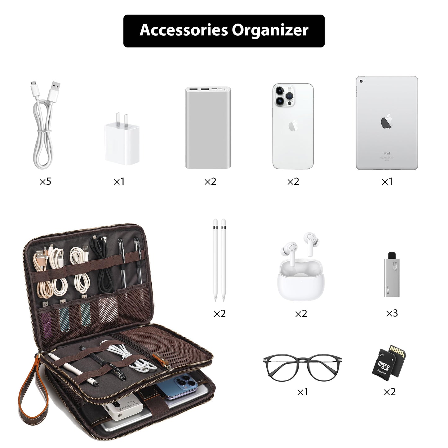 LANNSYNE Full Grain Leather Travel Cable Accessories Bag, Electronic Organizer Carry Case Double Layer Storage Case for Cables, Charger, Phone, Power Bank