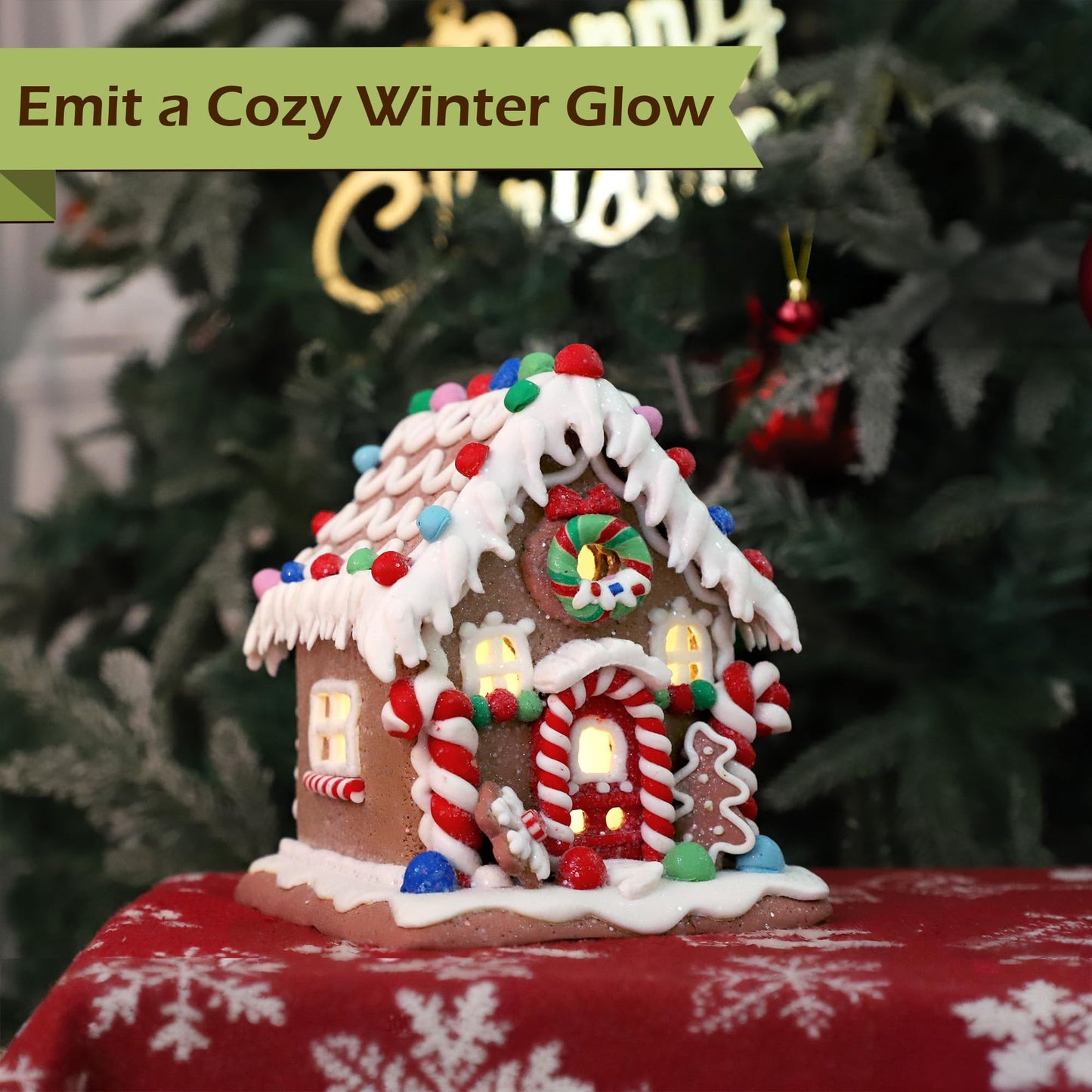 SunArtHome Gingerbread House Decoration, Battery-Operated Light-Up Gingerbread House, Classic Gingerbread Christmas Village Figurines, Handmade Decorations (Style 2)