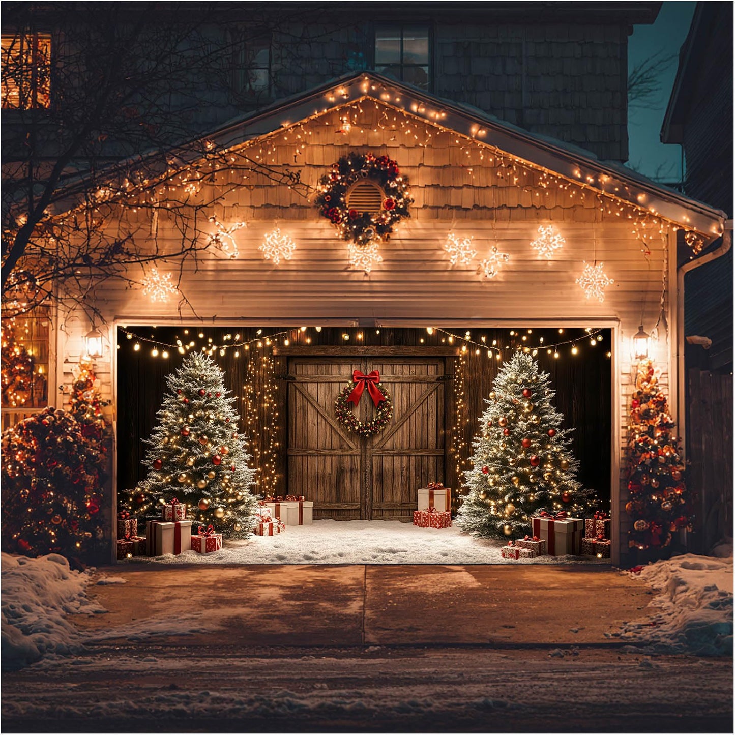 HOMETITUTE Christmas Garage Door Banner 13x6ft Wooden Wall Style Holiday Decoration with Xmas Trees Gift Boxes Snowflakes Hanging Lights andfor Outdoor Yard or Wall Backdrop
