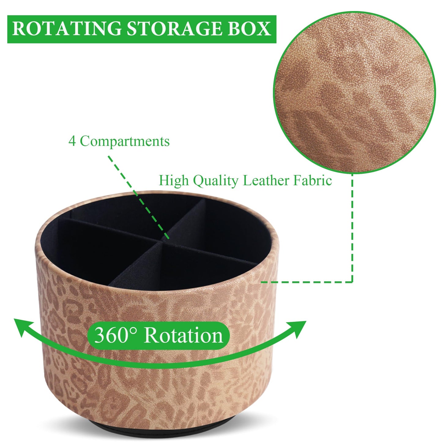 QIELIZI Round Leather Art Supply Organizer,Remote Control Holder,360 Degree Rotating,Multi-Functional Pencil Holder,4 Compartments Desktop Stationary Organizer(1-Leopard Brown)