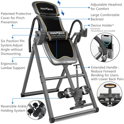 Innova Health and Fitness Inversion Table with Adjustable Headrest, Reversible Ankle Holders, and 300 lb Weight Capacity - Premium A