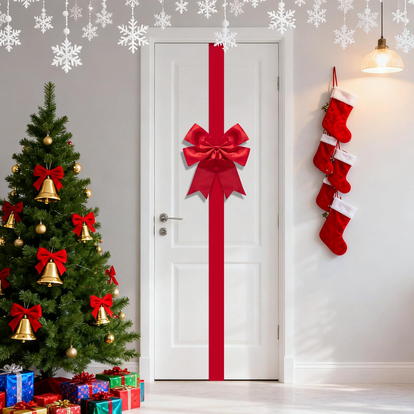 Iceyyyy 14.2 Ft Extra Large Christmas Front Door Warpping Bow, Adjustable Red Christmas Doors Ribbon Bow with Buckle, Giant Christmas Door Wreath Bows for Cabinet Door Home Festival Decor