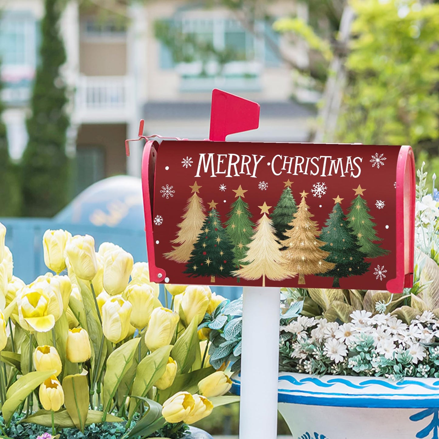 Sweetshow Xmas Tree Red Mailbox Covers Magnetic Standard Size 18" X 21",Winter Snowflake Mailbox Wraps Post Letter Box Cover for Holiday Garden Yard Decor