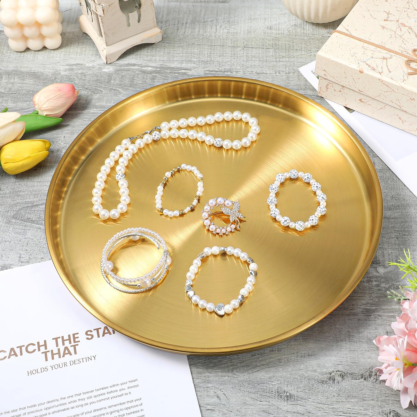 3 Pcs 12 Inch Gold Round Serving Tray, Stainless Steel Decorative Plate for Jewelry Makeup Organizer, Vanity Bathroom Coffee Table Dessert Display
