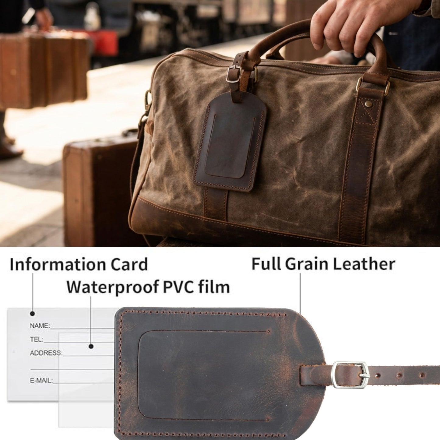 Toprank Leather Luggage Tag for Suitcase – Full Grain Leather Travel ID Tag with Privacy Cover, Buckle Strap & Information Card – Durable Baggage Tag (Tan, 2 Pack)