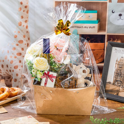 Teling 56 Pack Large Christmas Gifts Basket Bulk 11x7.1x5.5 Inch Empty Gift Baskets to Fill with Handles Clear Cellophane Bags Pull Bows Present Boxes for Xmas Holiday Party Favors Goodie Packaging