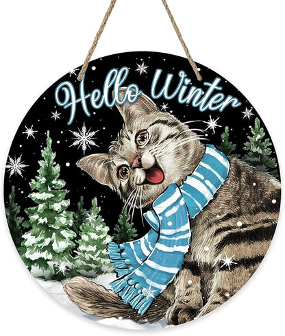 Deroro Hello Winter Cat Black Front Door Sign, Kitty Kitten Pine Tree Snowflakes Wood Door Hanger Outdoor Outside Porch Decor, Christmas Holiday Seasonal Wooden Wreath Indoor Wall Hanging Decoration