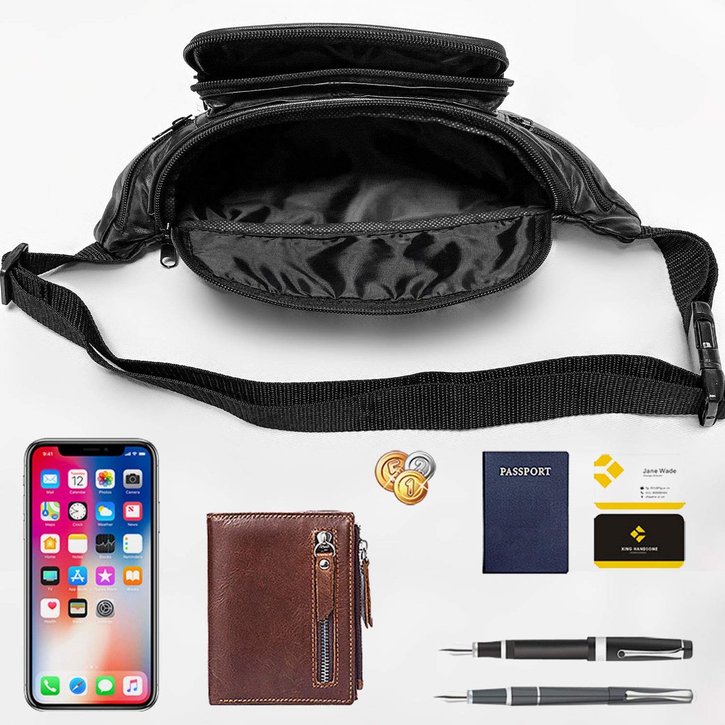 Leather Fanny Pack Travel Waist Bag for Man Women Unisex Hiking Travel Sport Running Cycling with Adjustable Belt Black