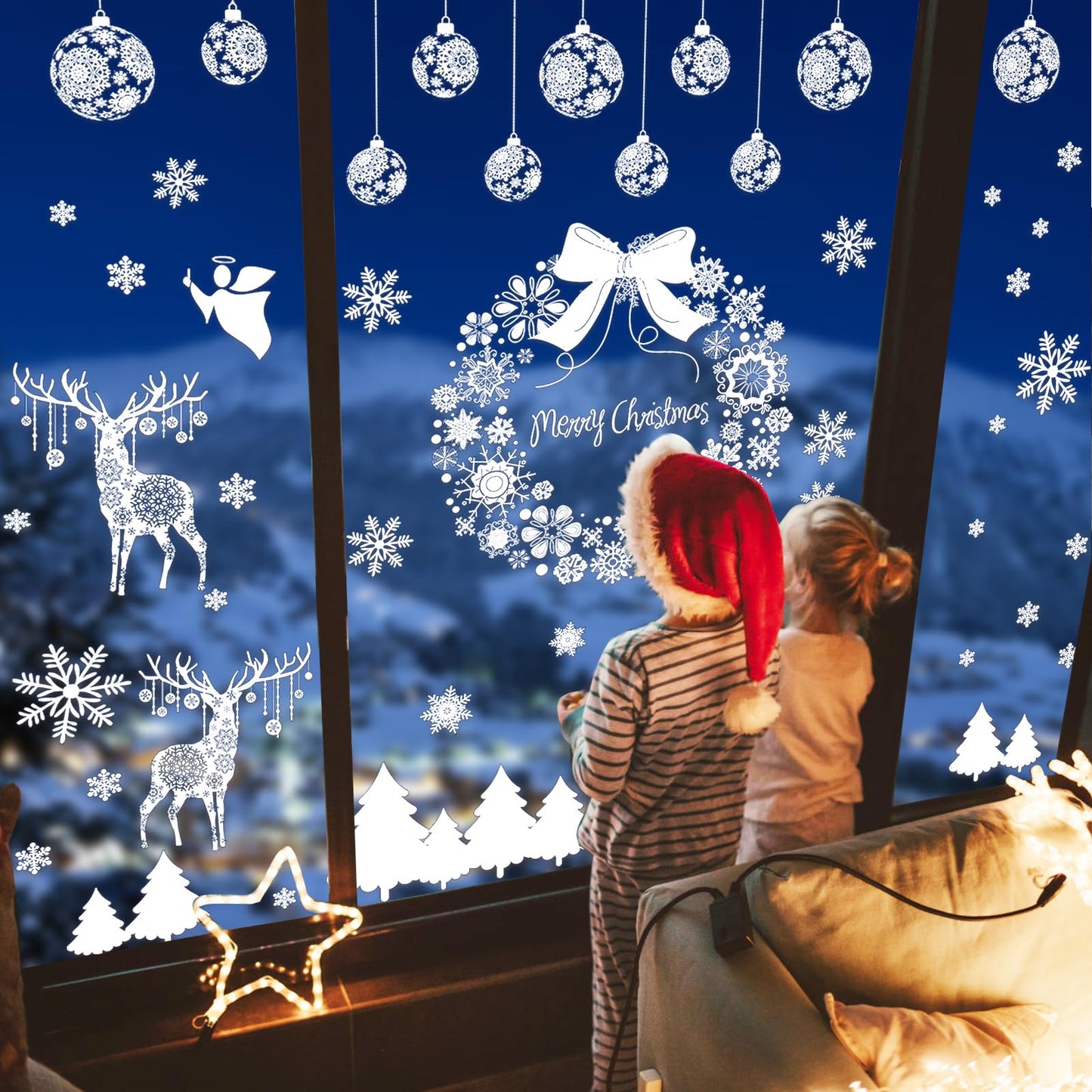 Super Huge Christmas Window Clings Static Snowflake Decorations, Reindeer Xmas Decor Winter Wonderland Decorations Window Stickers Decals for Indoor Holiday Party Decoration (4 Sheets)