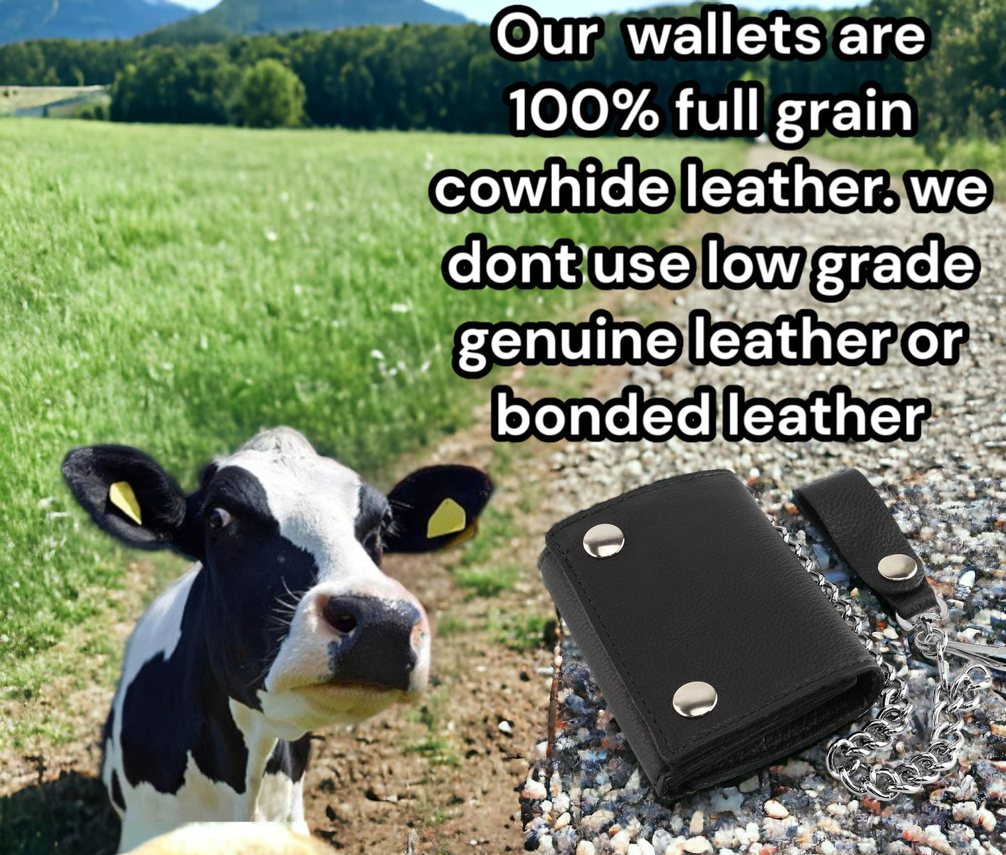 RFID Blocking Men's Tri-fold Vintage Biker Cowhide Leather Steel Chain Wallet,Snap closure, Made In USA,GL315,black