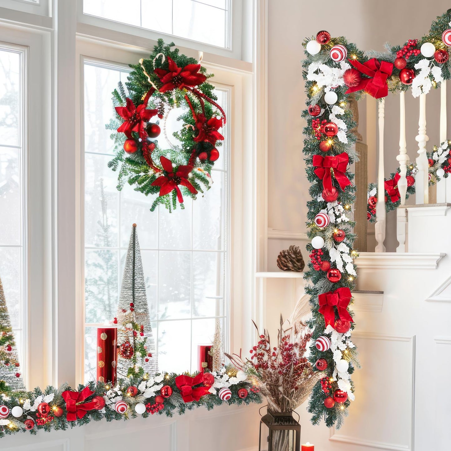 FairyLee 6ft Battery Operated Christmas Garland with 20 LED Lights & Timer, Pre-Lit Artificial Garland for Mantle, Staircase, Table, Indoor Outdoor Xmas Holiday Decor,Red Bow