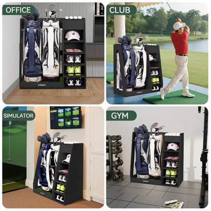 WINGYZ Premium Birch Plywood Golf Bag Storage for 2 Bags | 36lb Rock-Solid Golf Bag Organizer | 7-Shelf Command Center | Artificial Turf 12-Ball Display | No Wall Mounting Required (Black)