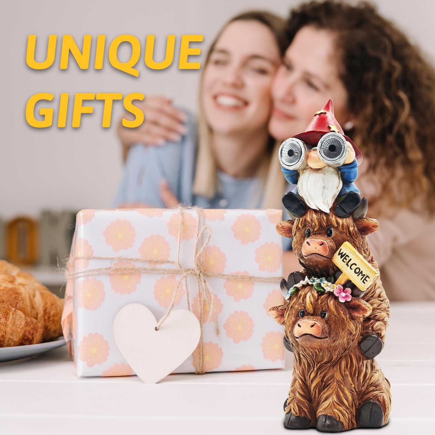 CFFOWNUG Garden Gnomes Outdoor Statue: 11'' Highland Cow Decor with Welcome Sign Funny Triple Yard Decorations with Solar Light Unique Birthday Gifts for Women Mother Grandma