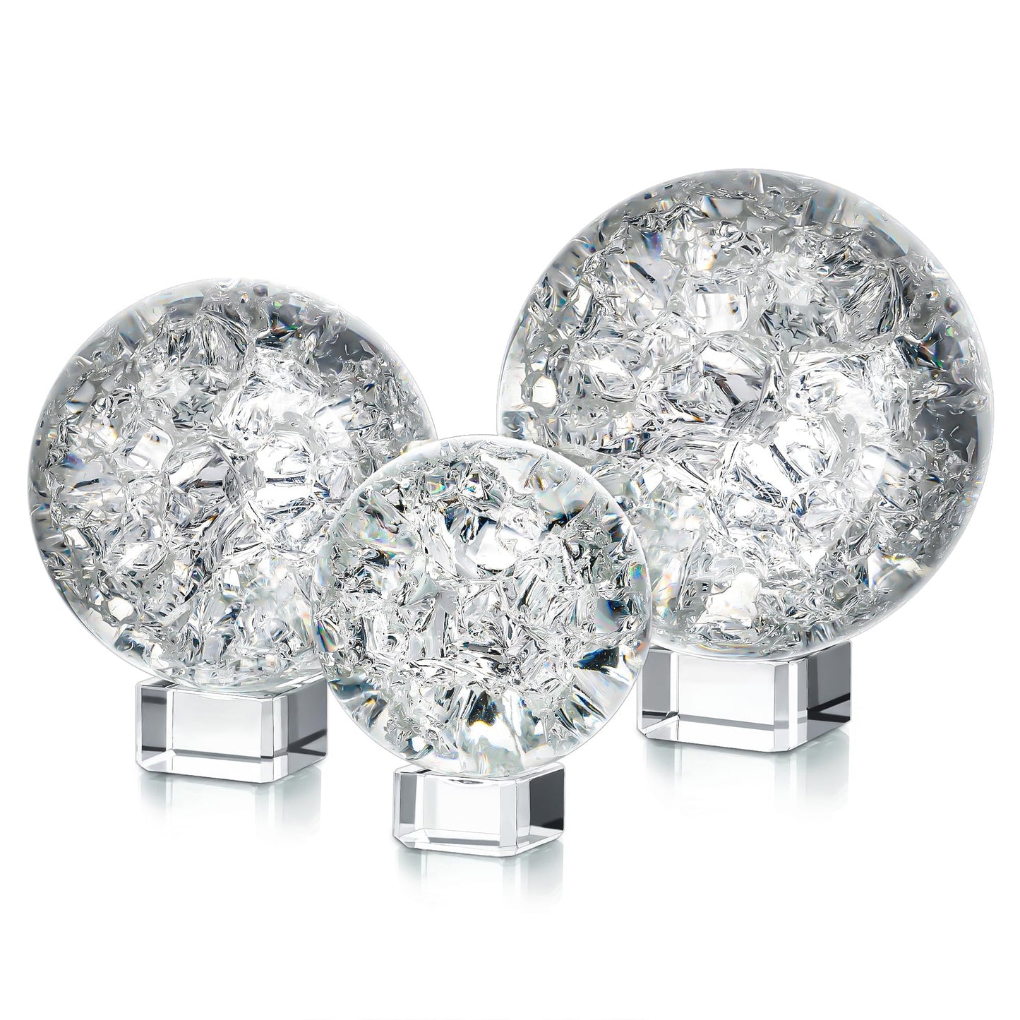 ZEERSHEE Set of 3 60/80/100mm Crystal Cracked Balls Glass Globe Paperweight Decor Solid Decorative Sphere with Stand Feng Shui Divination or Fortune Telling Ball