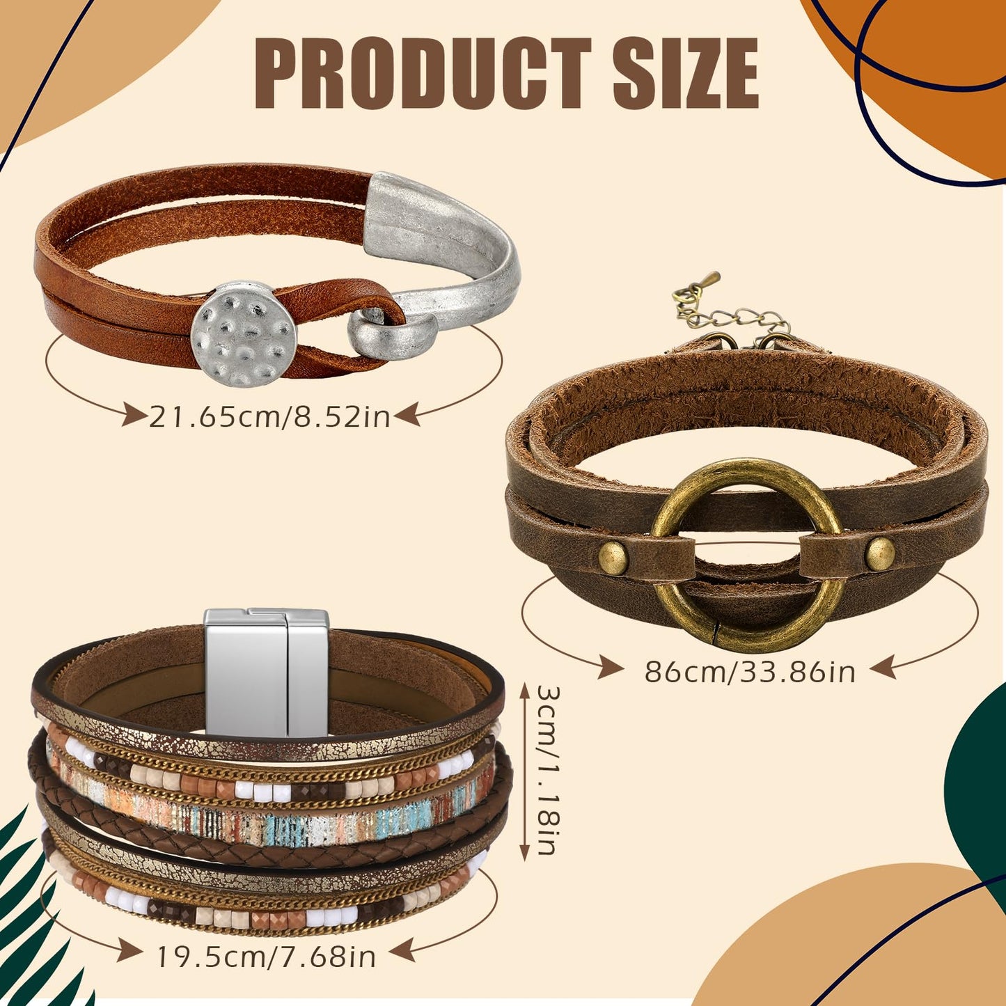 Inbagi 3 Pcs Western Jewelry for Women Bohemian Leather Bracelets for Women Faux Leather Multi Layered Wrap Bracelets Wristbands Cuff Boho Splicing Bangle Mens