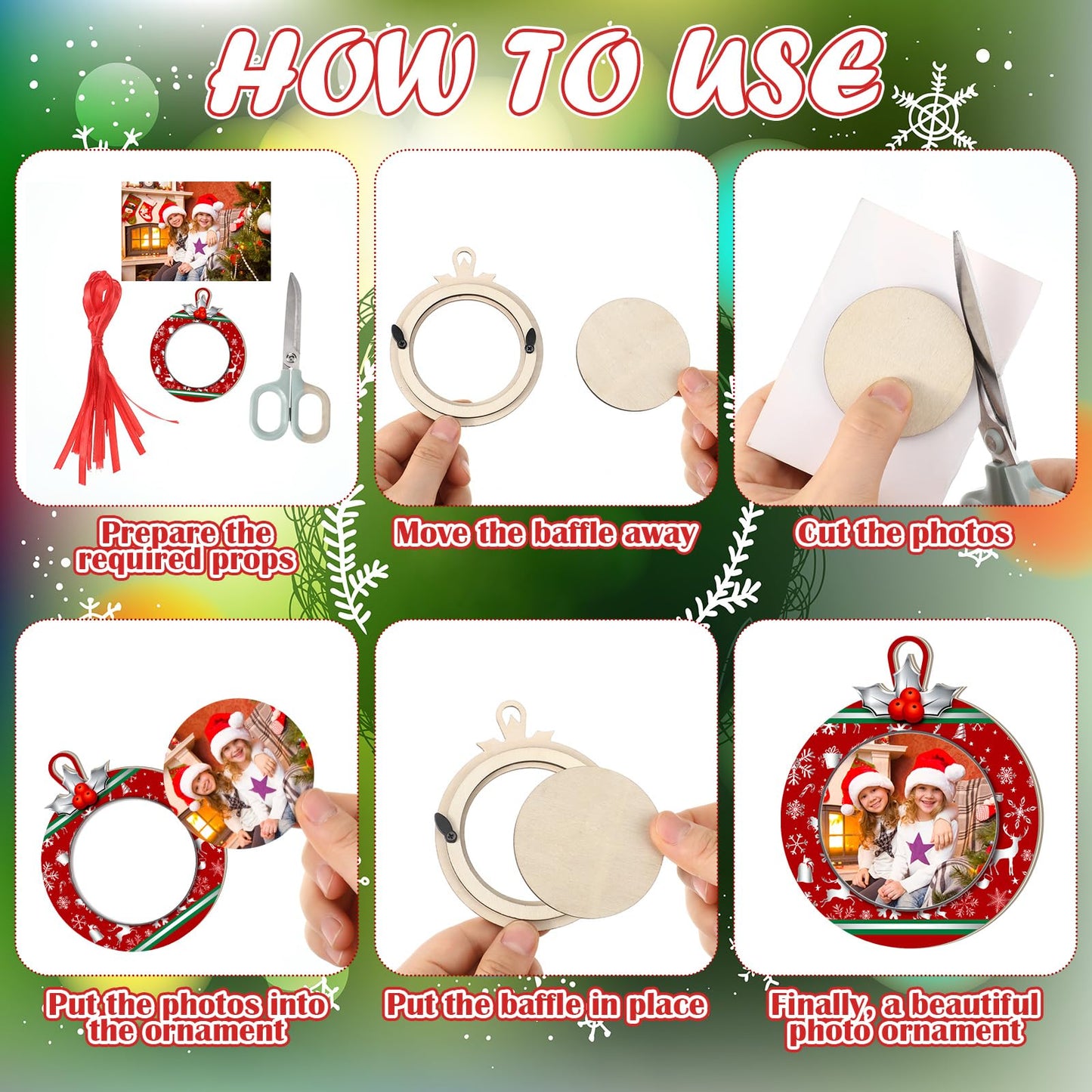 Yalikop 16 Pcs Christmas Photo Frame Ornaments Wooden Nutcrackers Santa Snowman Snowflake Picture Frame Tree Decoration DIY Photo Keepsakes for Xmas Party Decorations Winter (Light Ball)
