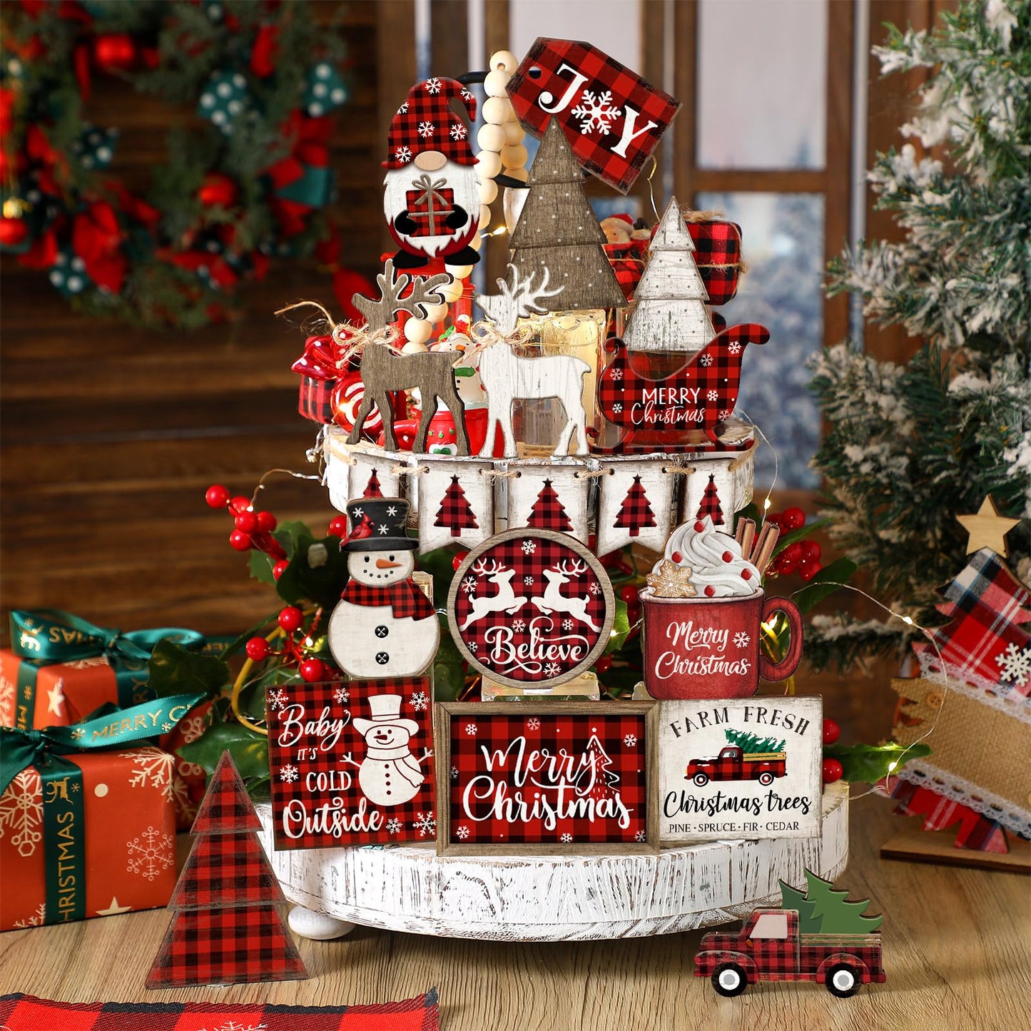 Shellwei 21 Pcs Christmas Tiered Tray Decor Set Wood Rustic Buffalo Plaid Christmas Decoration Winter Farmhouse Decor Xmas Trees Gnome Elk Snowflake Signs for Table Shelf Home Centerpiece (Plaid)