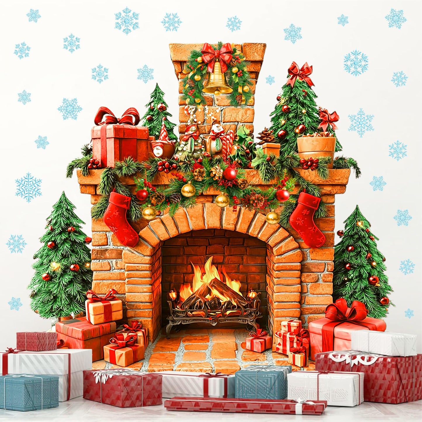 Large Fireplace Wall Stickers Removable Christmas Wall Decals Peel and Stick Fireplace Mural Sticker Winter Tree Snowflake Holiday Decorations for Walls Xmas Fire Flame Decal Party Decor