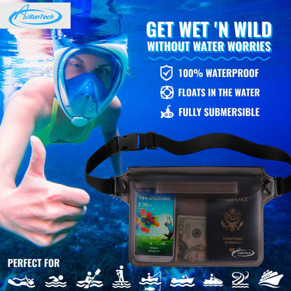 AiRunTech Waterproof Fanny Pack, Beach Cruise Vacation Essentials, Waterproof Pouch Protect Phone Passport Valuables Dry Safety, Paddle Board Kayaking Boating Swimming Accessories-2 Pack（Black + Pink）