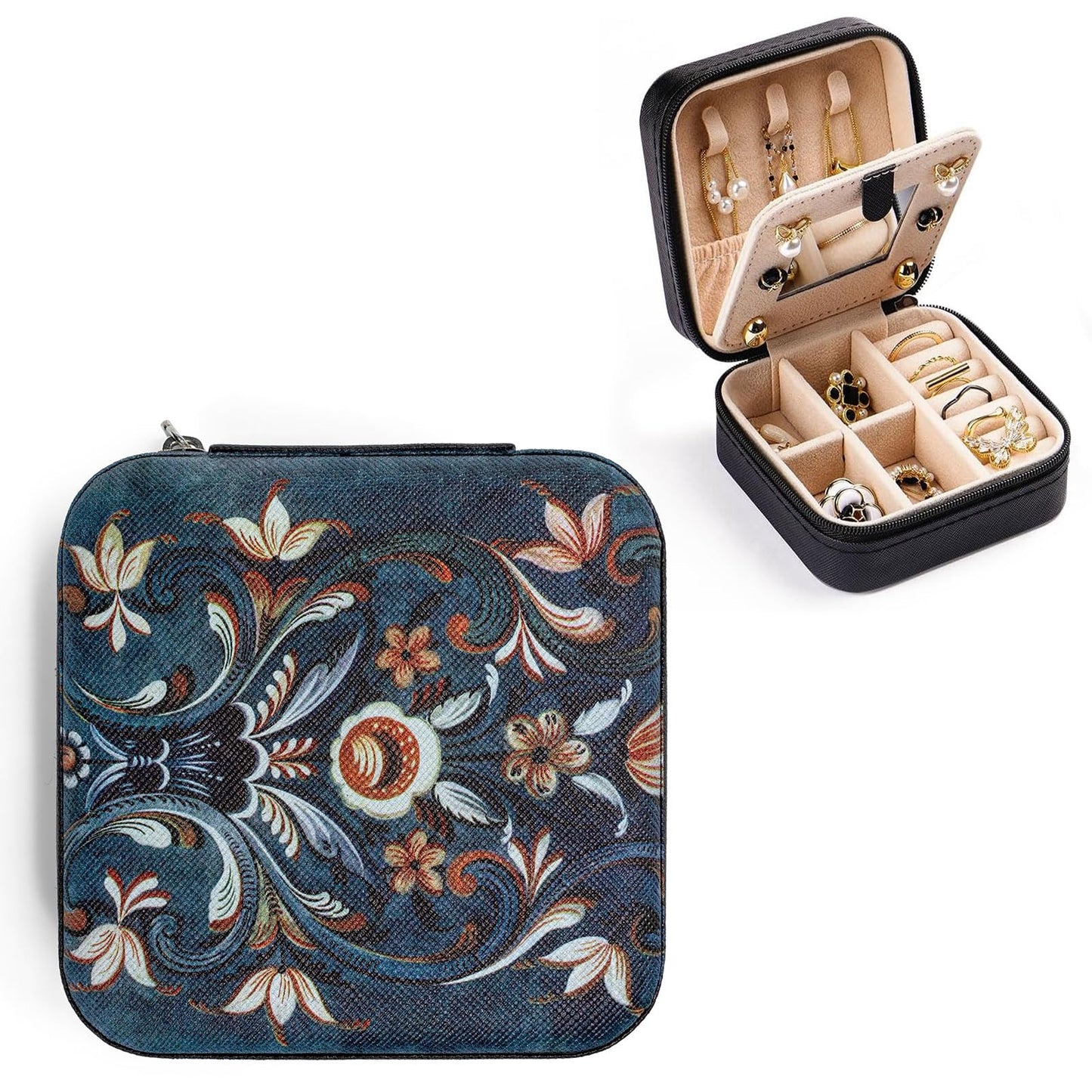 Artinhand Norwegian Rosemaling Folk Style Small Travel Jewelry Case with Mirror Portable Black PU Leather Box Earrings Necklaces Rings Bracelets Storage Organizer Gift for Women And Girls