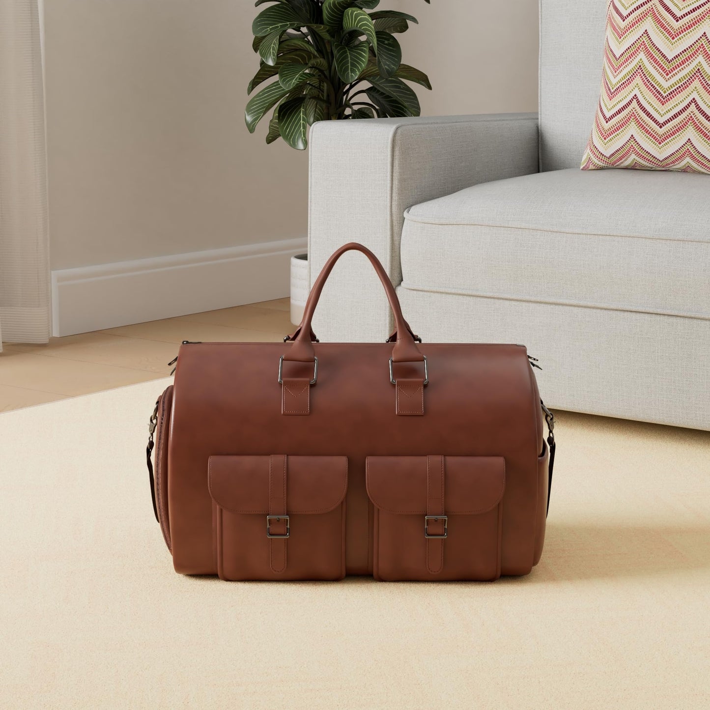 seyfocnia Carry On Garment Bag, Waterproof Mens Garment Bag for Travel Business, Large Leather Duffel Bag with Shoe Compartment -Brown