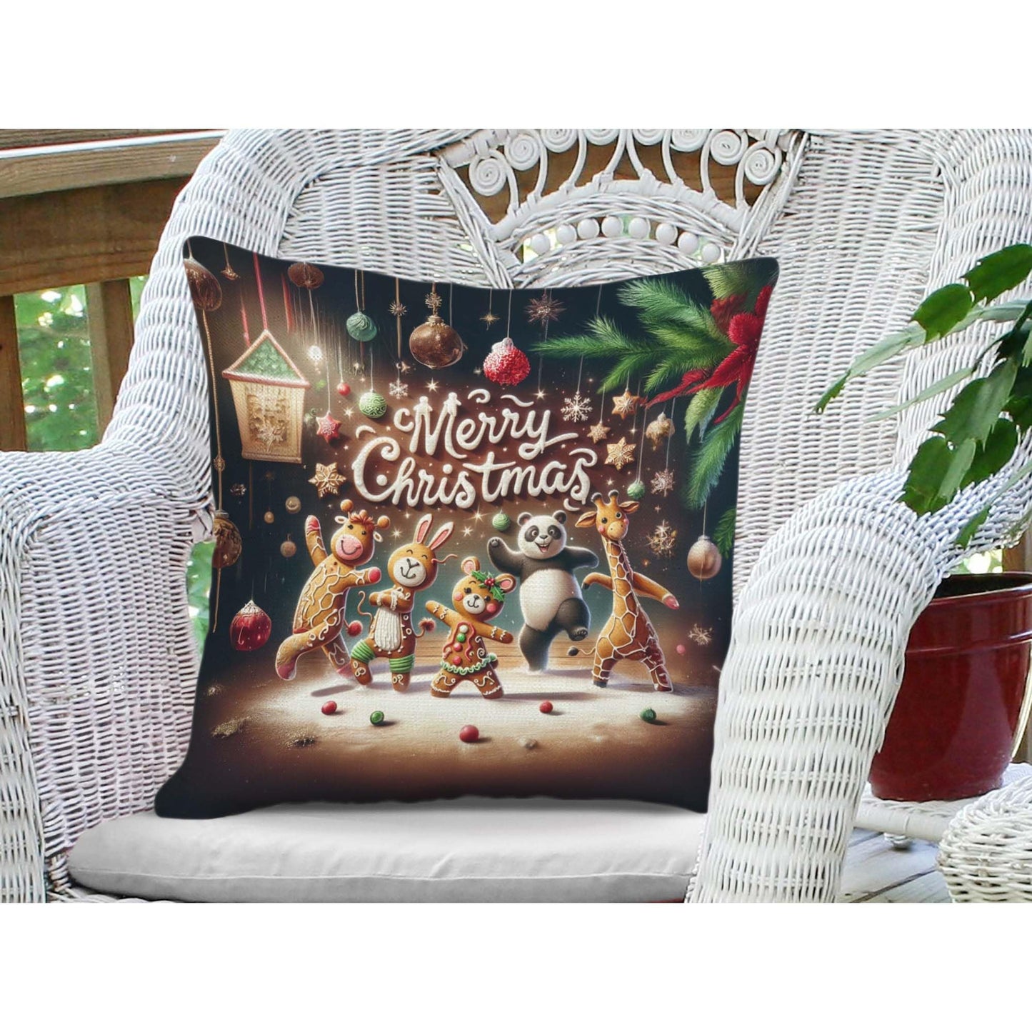 Throw Pillow Cover 20x20 Inch,Gingerbread Cow Rabbit Mouse Panda Giraffe Dancing Ornaments Pine Branches Merry Christmas Throw Pillow Case,Home Decor Cushion Covers for Sofa Living Room Couch Bed