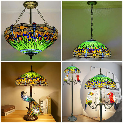 Errzom Dragonfly Lampshades Christmas Home Decor Green Blue Orange Lamp Shade Replacement Only 18 Inch Tiffany Style Stained Glass Table Lamp Pendant Light Floor Lamps Lampshade,Green