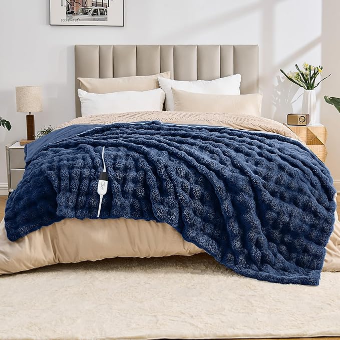Heated Blanket Electric Throw Blanket 72''X 84''-Heating Blanket with 6 Heat Settings-10 Hours Auto Off,Cozy Faux Rabbit Fur Bubble Electric Blanket,Navy Blue