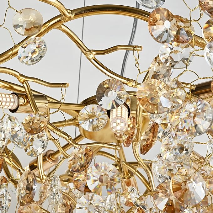 Modern Crystal Chandelier, Rectangular Gold Tree Branch Chandeliers, Luxury Raindrop Ceiling Light Fixture for High Ceiling, Dining Room, Kitchen, Office, Living Room