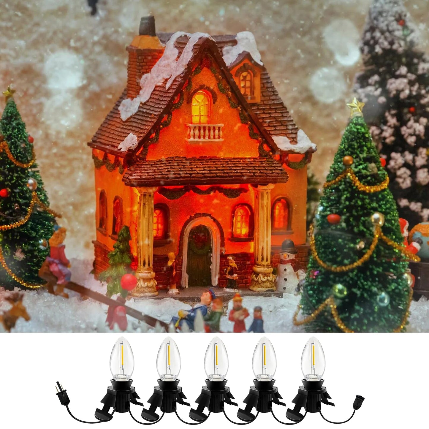 Accessory Cord with 5 LED Light Bulb and Female Plug, 11 Ft Christmas Village Light Cord with Clip, C7 Led Night Lights for Indoor Crafts Halloween Pumpkin Christmas Village House Decor, Black Wire
