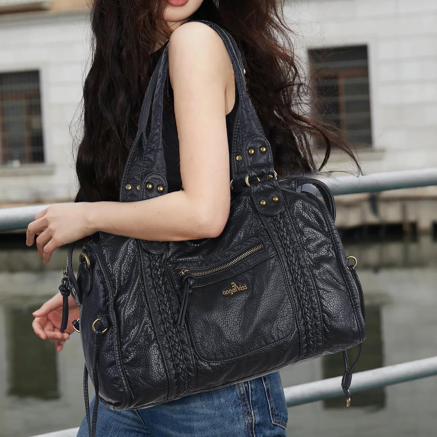 Angel Kiss Hobo Bags For Women Vegan Leather Hobo Satchel Handbags Large Tote Purses Shoulder Bag