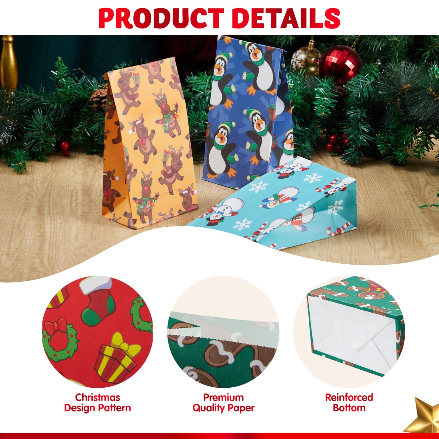 Joiedomi 72 PCS of Christmas Goody Kraft Bags, 12 Assorted Xmas Designs Small Holiday Goodie Gift Bags for Classrooms Party Favors, Christmas Craft Party Treat (9.75" x 3" x 5")