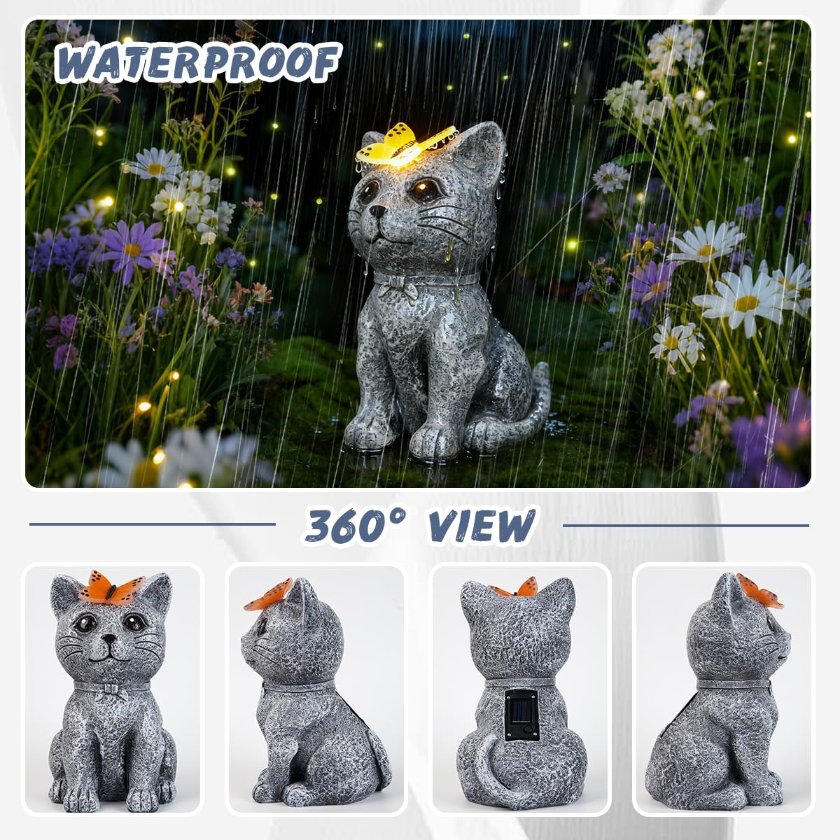 gardery Solar Cat Garden Statues Outdoor Decor with Butterfly for Waterproof Yard Lawn Patio Balcony Porch Home Decor, for Mom Grandma Women Housewarming