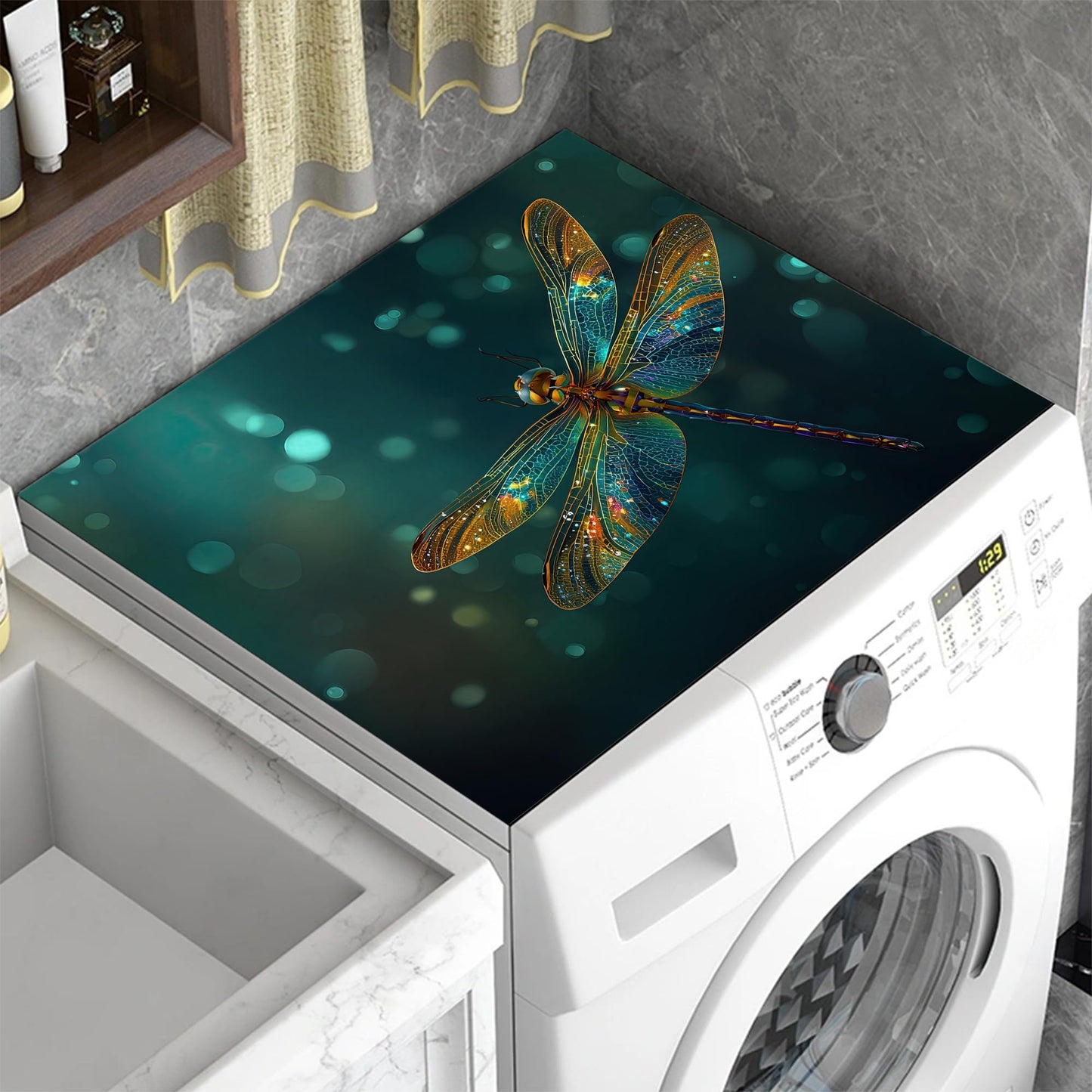 Fantasy Green Dragonfly Washer and Dryer Covers for the Top,Washing Machine Dust Cover Pad Anti-slip Absorbent Protector Mat for Washer Dryer Home Decor,23.6"x19.7"