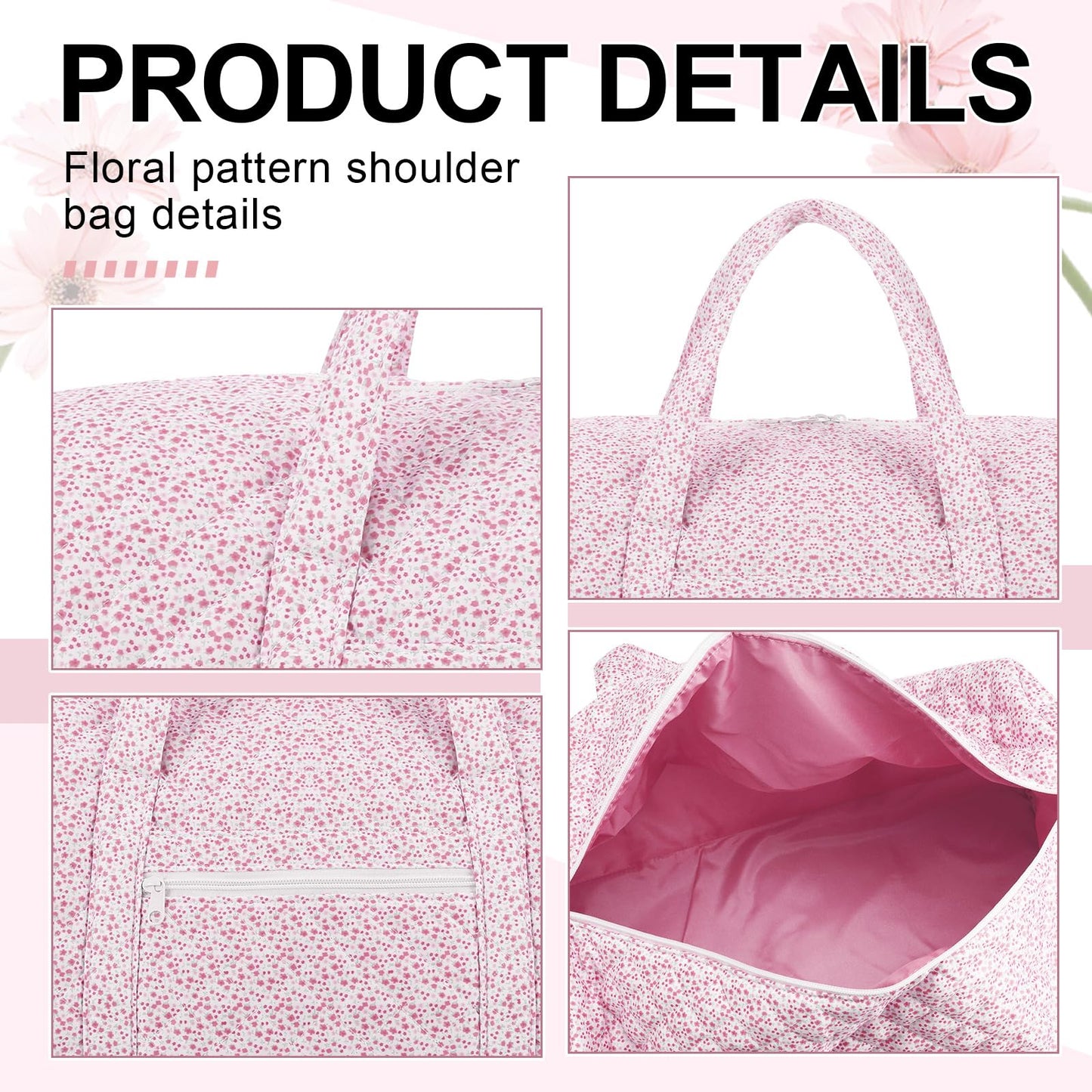 Bulyoou 2 Pack Floral Travel Duffel Bag Large Quilted Travel Duffle Bag and Floral Makeup Pouch Portable Gym Lightweight Weekender Organizer with Zipper Pockets Grocery Pouch for Women(Pink)