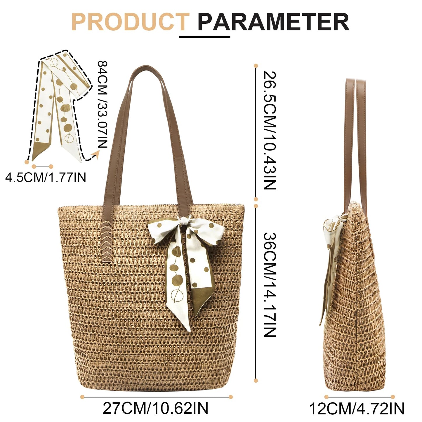 Long Keeper Straw Tote Bag for Women Summer Straw Beach Bag with Zipper Woven Shoulder Tote Bags for Beach Picnic Vacation (Khaki)
