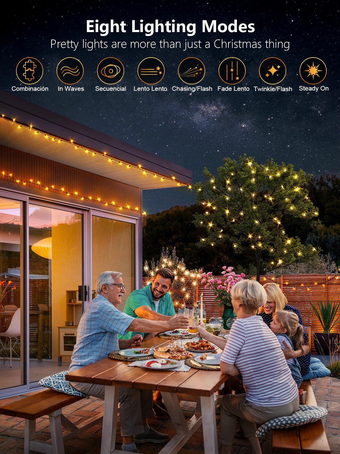 ROSCOO 300 LED String Lights Outdoor, 100FT Warm White Christmas Lights for Outside with Remote, Timer Memory Function, 8 Modes Waterproof Fairy Lights Plug in, for Xmas Tree Bedroom Patio Party