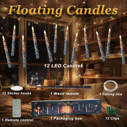 Blue and White Flameless Taper Candle 12 Pack Floral LED Magic Hanging Candle Battery Operated Floating Candles Floating Candles with Wand Remote Timer for Mother's Day Home Wedding Garden Party Decor