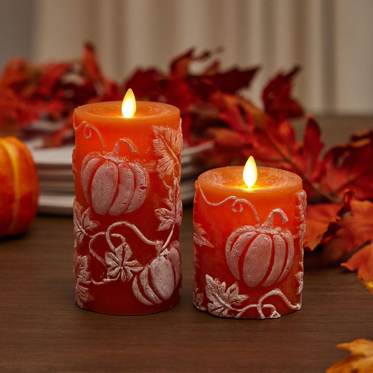 Luminara Embossed Leaves and Pumpkins Moving Flame Pillar Candle 3.25" x 4.5" with Recessed Edge Unscented Real Wax LED Battery Operated Candle Lights