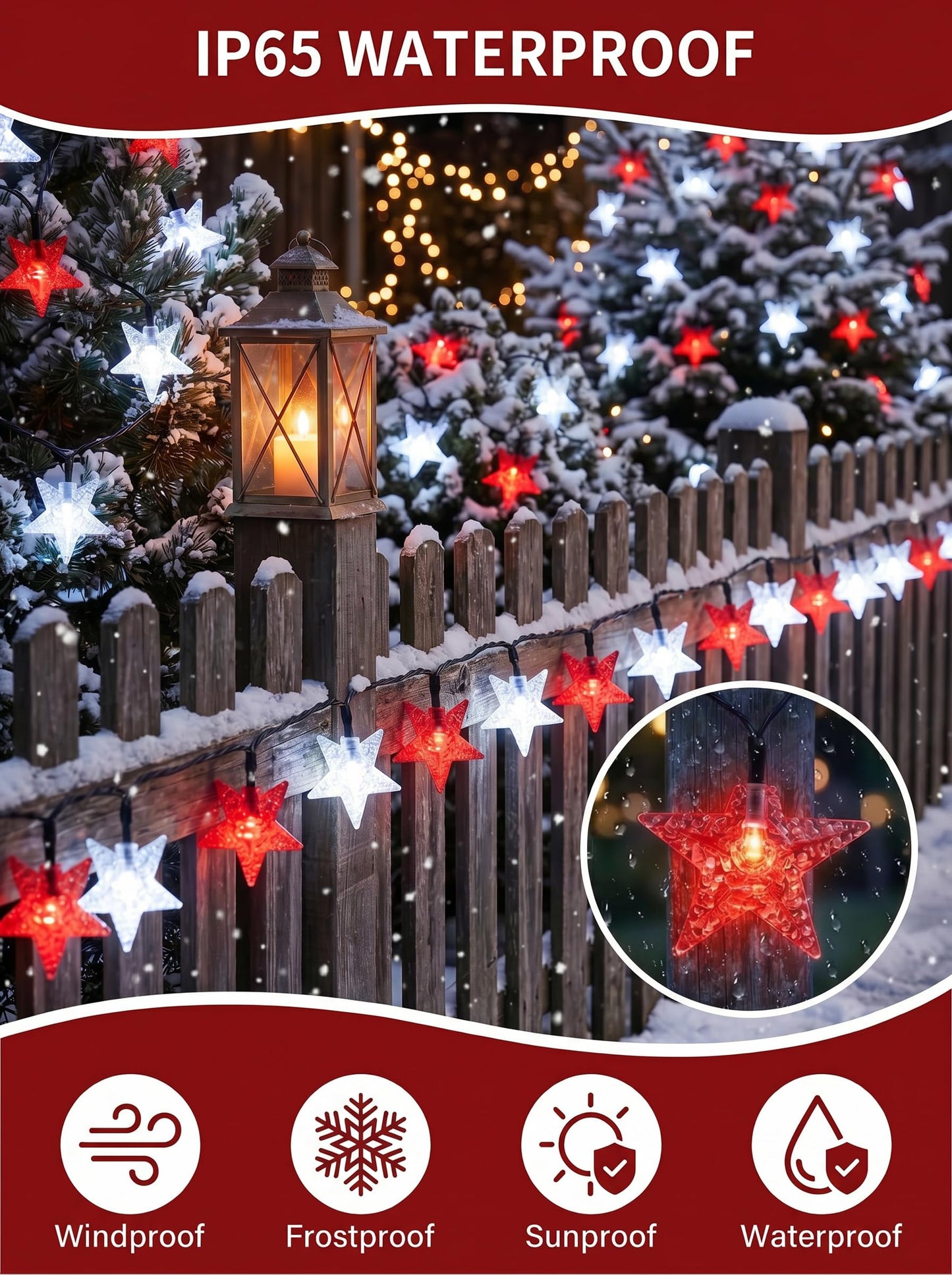 Serpouliom Christmas Stars String Lights Solar Star Twinkle Lights 23FT 50LED 8 Modes Solar Powered Fairy Decorative Light Waterproof Lights for Gardens Lawn Patio Party Decor(Red&White, 1 Pack Star)