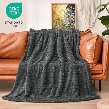 PHF Fluffy Sherpa Throw Blanket for Winter, Warm and Soft, 510GSM 3D Jacquard Thick Shaggy Fleece Plush Blanket for Couch, Dark Grey, 50"x60"
