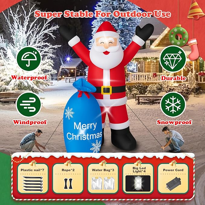 8Ft Christmas Decorations Outdoor Inflatables Giant Santa Claus Carrying a Blue Bag, Blow Up Built-in LED Lights for Party Outdoor Garden Indoor Yard Lawn