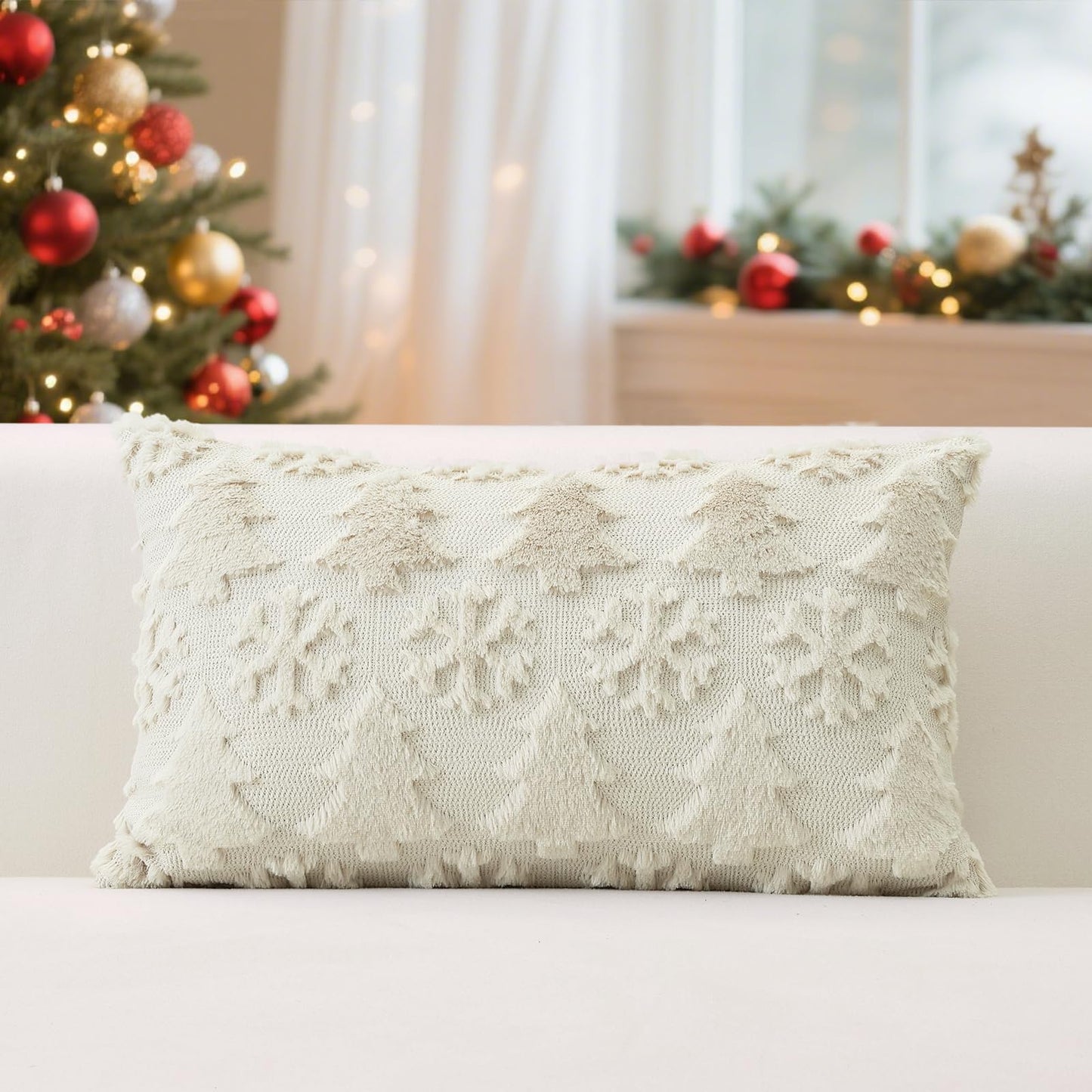 OTOSTAR Set of 2 Christmas Throw Pillow Covers 12x20 Inch, Soft Plush Faux Fur Christmas Tree Snowflake Winter Holiday Xmas Decorative Lumbar Cushion Cover Cases for Sofa Couch Bed Living Room, Beige